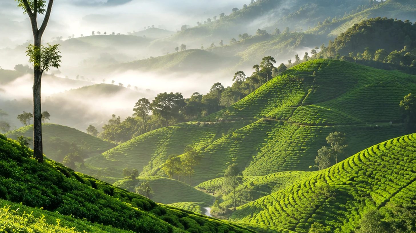 Cameron Highlands tea plantations with misty hills in Malaysia
