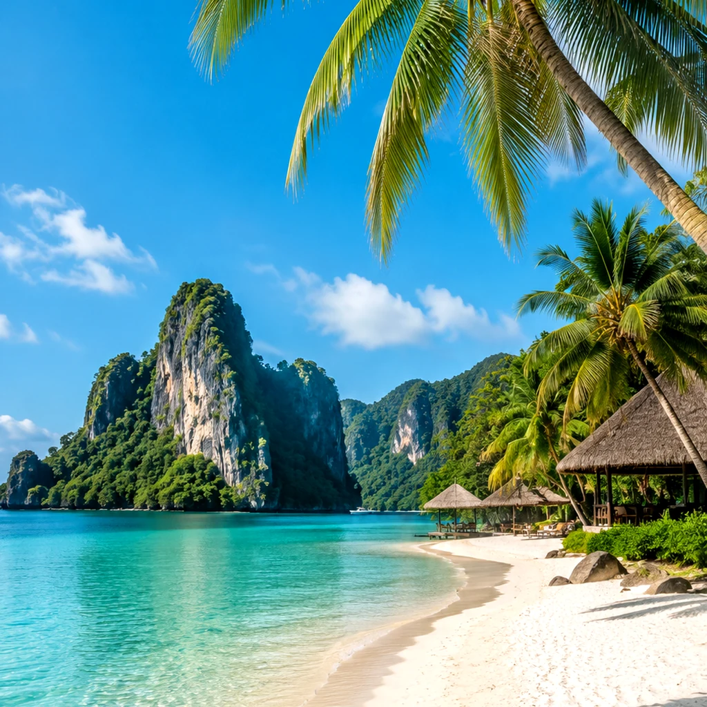 Langkawi island beach with turquoise water and palm trees in Malaysia