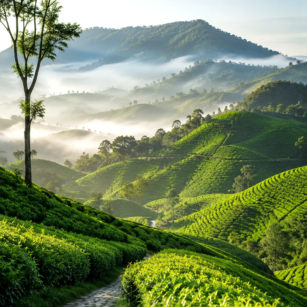 Cameron Highlands tea plantations with morning mist in Malaysia